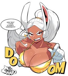 1girls artist_logo big_breasts bikini boku_no_hero_academia bunny_ears bunny_girl busty cleavage dark-skinned_female dark_skin english_text gloves gold_bikini golden_bikini long_eyelashes miruko muscular muscular_female my_hero_academia ponytail red_eyes rumi_usagiyama sonchapo speech_bubble teasing undressing upper_body white_hair rating:Questionable score:74 user:Private_Geek