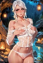 a1exwell ai_generated blush cameltoe cave ciri covered_nipples covering_breasts female green_eyes off_shoulder panties see-through see-through_clothing see-through_panties see-through_top stable_diffusion standing the_witcher_(series) the_witcher_3:_wild_hunt wet wet_body wet_clothes wet_pussy wet_shirt white_hair rating:Explicit score:88 user:A1exWell