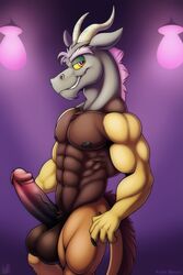  ai_generated anthro bagheera682 big_balls big_penis cock discord_(mlp) dragon humanoid_genitalia humanoid_penis looking_at_viewer male_only muscular muscular_anthro muscular_male my_little_pony my_little_pony_friendship_is_magic penis pinup sexy_pose solo_male  rating:explicit score: user:bagheera682