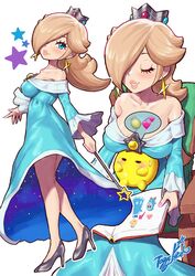 1girls artist_signature bare_shoulders big_breasts blonde_hair blue_eyes book breasts_on_head busty cleavage crown dress earrings hair_over_one_eye high_heels legs light-skinned_female light_skin luma mario_(series) nintendo princess_rosalina reading speech_bubble stars super_mario_galaxy yamino_ekakinin rating:Questionable score:45 user:Private_Geek