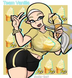 big_ass big_breasts clothed clothing dodo-bot female female_only go_team_vanilla ice_cream inkling inkling_girl nintendo pants shirt splatfest splatoon yellow_hair rating:Explicit score:61 user:Teramannn72