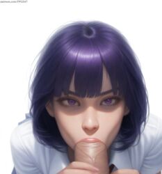  :>= ai_generated bangs fellatio large_penis looking_at_viewer nai_diffusion oral original original_character pujopg purple_eyes purple_hair shiny_hair shirt shoulder_length_hair simple_background smug  rating:explicit score: user:pujopg