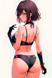  1girls ai_generated ass ass_focus ass_up back bra brown_hair butt_focus choker fingerless_gloves from_behind gloves honkai:_star_rail honkai_(series) lingerie lingerie_only looking_at_viewer looking_back minimalist_background multicolored_hair panties pink_eyes polege short_hair simple_background standing underwear view white_background xueyi_(honkai:_star_rail)  rating:questionable score: user:polege