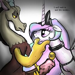  collar discord_(mlp) friendship_is_magic my_little_pony princess_celestia princess_celestia_(mlp) purevil straight_hair  rating:explicit score: user:bot