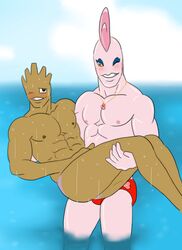 abs alomomola anthro bridal_carry brown_skin carrying clothes day hitmonchan interspecies male male_only multiple_males nintendo outdoors pokemon standing tagme topless water rating:Explicit score:2 user:bot