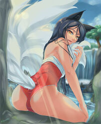 2013 ahri animal_ears bare_shoulders black_hair breasts fangs female fox_ears hand_on_knee league_of_legends long_hair looking_at_viewer looking_back lunaismaiwaifu multi_tail multiple_tails outdoors sideboob smile solo swimsuit tail water waterfall yellow_eyes rating:Questionable score:59 user:Shaded_Cube