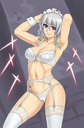 1girls armpits beige_skin blue_eyes bow bra braid cleavage closed_mouth clothes color cropped_legs cuff_links detached_cuffs female female_only front_view garter_belt grey_hair hair hairbow houtengeki jojo's_bizarre_adventure jojo_reference lace lace-trimmed_bra lingerie looking_at_viewer open_eyes panties posing sakuya_izayoi sexy_armpits solo standing stardust_crusaders stockings the_world thigh_highs thighhighs toned toned_female touhou twin_braids underwear white_bra white_hair white_legwear white_panties rating:Questionable score:81 user:kijkij21