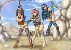 3girls armor arms_above_head arms_behind_back arms_up blue_eyes blue_hair blue_panties bondage boots bound bound_wrists clothes_stuck_on_object clouds corset cuckquean desert detached_sleeves discomfort excited fear female female_only femdom femsub fire_emblem fire_emblem:_path_of_radiance fire_emblem:_radiant_dawn fire_emblem_awakening fire_emblem_fates forced_to_watch greatsword green_eyes hazel_eyes headband high_heel_boots high_heels horny left_out lezdom looking_back lucina_(fire_emblem) mia_(fire_emblem) mountain multiple_girls multiple_subs omegalife outdoors outside panties pink_hair pink_panties purple_hair ripped_clothing rock rope sand scared sky smile smiling soleil_(fire_emblem) startled suspended sword thighs tied_hands tree uncomfortable underwear wedgie yuri rating:Explicit score:103 user:SaladDick