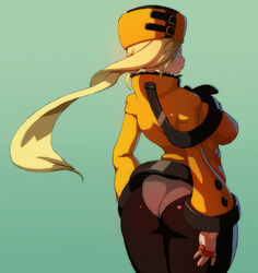 1girls ass back blonde_hair blue_eyes clothed female gloves green_background guilty_gear hat huge_breasts jacket jacqli large_ass long_hair looking_at_viewer looking_back millia_rage panties pantyhose solo standing thick_thighs rating:Safe score:91 user:punkmaster