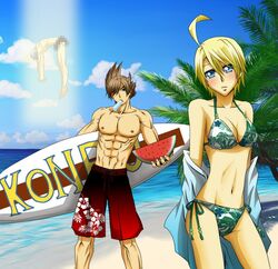 2boys abs alternate_breast_size beach bikini black_eyes blonde_hair blue_eyes blush breasts brown_hair censored cleavage eleonore_kliesen female food ice_cream lars_alexandersson lee_chaolan leo_kliesen multiple_boys muscular namco ootori_sen_na_gatsu popsicle sexually_suggestive short_hair shorts silver_hair swimsuit tekken watermelon rating:Questionable score:8 user:JKF