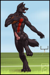 abs anthro ball barefoot black_fur black_nose canine canine_penis claws color day erection feralise football football_field front_view fur furry furry_ears holding holding_ball knot looking_aside male male_only muscles nude open_mouth outdoors penis pointy_ears running sharp_teeth solo testicles tongue wolf yellow_eyes rating:Explicit score:6 user:bot