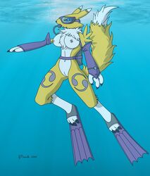 2009 3_fingers 3_toes anthro black_nose breasts bubble canine chest_tuft claws color digimon eyewear female female_only flippers footwear fox fur furry_breasts furry_ears furry_tail goggles mammal nipples nude pointy_ears pussy raised_tail renamon scuba_gear solo strikersa tail underwater water white_fur yellow_fur rating:Explicit score:14 user:bot