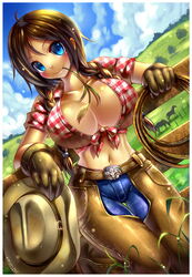 belt blue_eyes braid breasts brown_hair chaps closed_mouth clothes color cowboy_hat cowgirl day emperpep female female_only fence front_view gloves hat horse human jeans large_breasts lasso long_hair looking_at_viewer midriff nonude open_eyes outdoors plaid_shirt rope round_ears solo western rating:Safe score:51 user:krystalfoxlover