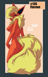 anthro anthrofied ass black_nose black_skin breasts english_text eyelashes female flareon looking_away mingchee nintendo nipples notorious84 nude number orange_fur pink_skin plain_background pokemon shadow sideboob solo squint standing teal_eyes text video_games white_eyes yellow_fur rating:Explicit score:31 user:bot