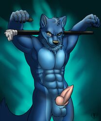 abs anthro balls biceps blue_fur cane canine canine_penis erection eyewear fur furry knot looking_at_viewer male male_only monocle muscles no_humans nude penis pinup pose solo vallhund wolf yellow_eyes rating:Explicit score:2 user:bot