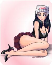 alternate_breast_size black_hair blue_eyes dawn_(pokemon) female female_only high_heels human legs medium_breasts nintendo pokemon r3dfive skirt smile solo rating:Questionable score:207 user:prawnprawner