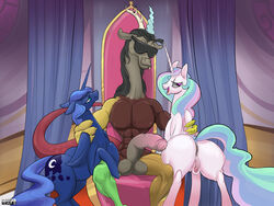  1boy 2girls discord_(mlp) friendship_is_magic my_little_pony pimp princess_celestia_(mlp) princess_luna_(mlp) purevil smooth_skin  rating:explicit score: user:purevil