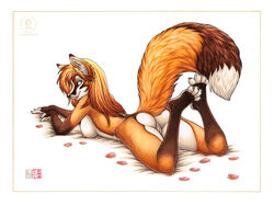 2013 4_toes anthro ass barefoot blue_eyes breasts brown_fur brown_nose canine claws female female_only fox fur furry_ass furry_breasts furry_ears furry_tail hair kacey legs_up licking licking_lips long_hair looking_at_viewer looking_back lying nipples nude on_front open_eyes orange_fur orange_hair petals pinup plain_background pointy_ears pussy raised_tail solo tail tongue white_background white_fur rating:Explicit score:45 user:bot