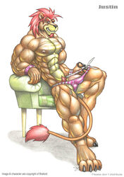 abs anthro beard biceps braford bulge chair facial_hair feline furry justin_(braford) lion looking_at_viewer male male_only muscles nipples pubes scissors sitting solo speedo swimsuit rating:Explicit score:5 user:bot