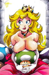  blonde_hair blue_eyes elbow_gloves gloves joehentai looking_away mario_(series) mushroom nintendo princess_peach super_mario_bros. topless  rating:explicit score: user:freezer88