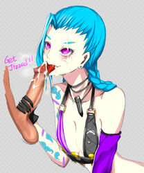 2012 :p blue_hair blush braid cum cum_on_face female flat_chest gloves handjob high_res jinx_(league_of_legends) kumiko_(aleron) league_of_legends licking necklace oral pink_eyes small_breasts smile tattoo tongue uncensored rating:Explicit score:72 user:ocke