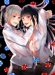 2girls after_kiss bami_clan_(kakegurui) big_breasts black_hair blouse blue_lipstick bondage bound breasts crying female female_only green_eyes jabami_yumeko kakegurui lipstick long_hair makeup momobami_kirari nipples red_eyes red_lipstick ribo saliva saliva_trail shirt tears tied_up white_hair yuri rating:Explicit score:212 user:Enigma966