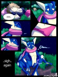 4_fingers amphibian blue_body blue_penis blush breasts comic english_text erection female grass greninja human looking_back male night nintendo outside penis pokemon redimplight sleeping stars text video_games webbed_hands rating:Explicit score:12 user:bot