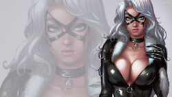 absurdres black_cat_(marvel) blue_eyes bodysuit breasts dandon_fuga domino_mask felicia_hardy female female_only fur_trim highres large_breasts lips long_hair marvel mask mole mole_under_mouth nipples open_clothes pov shiny silver_hair solo solo_focus spider-man_(series) tan tanline unzipped white_hair zipper_pull_tab rating:Explicit score:28 user:erlotopoto