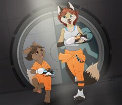  anthro clothed clothing dipstick_tail door duo female flat_chested markings multiplayer portal_(series) portal_gun tail tail_markings valve walking yoka_neko young young_anthro  rating:safe score: user:bot