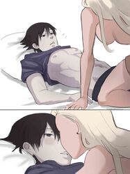 1boy 1boy1girl 1girls abs absurd_res bare_arms bare_legs bare_shoulders bare_thighs bed big_breasts black_eyes black_hair blonde_hair boruto:_naruto_next_generations canon_couple clothed clothing comic couple cowgirl_position dominant_female ear_piercing earrings erect_nipples femdom hi_res high_resolution highres husband_and_wife ino_yamanaka jewelry kissing large_breasts light-skinned_female light-skinned_male light_skin looking_at_another looking_at_partner male/female malesub married_couple minishorts monday_mint muscles muscular muscular_male narrowed_eyes naruto naruto:_the_last naruto_(series) naruto_shippuden nipples on_back on_bed pale-skinned_female pale-skinned_male pale_skin partially_clothed pecs perky_breasts pillow pink_nipples romantic romantic_ambiance romantic_couple sai shirt_lift shirt_up shorts shounen_jump sitting sitting_on_lap sitting_on_person story t-shirt thighs toned toned_male topless topless_female undressed white_hair yamanaka_ino rating:Explicit score:92 user:DarkShuriken