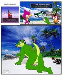 2013 3boys 5_toes all_fours amber_eyes anus ass balls beach bee biceps chameleon chaotix charmy_bee clouds color comic crocodile day earphones english_text espio_the_chameleon furry furry_only gloves gold green_skin horn looking_at_viewer looking_back male male_only meteorsmash muscles necklace no_humans nude nude_male outdoors palm_tree penis raised_tail reptile sand scalie sea seaside sega shoes sky sonic_(series) surprised team_chaotix text toes underwear undressing vector_the_crocodile walkie_talkie water wristband yellow_eyes rating:Explicit score:14 user:bot