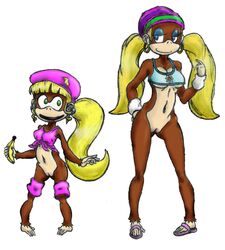 2girls ape banana blonde_hair blue_eyes bottomless dixie_kong donkey_kong_(series) eyeshadow female female_only fruit hair hoop_earrings mammal multiple_girls nintendo primate pussy siblings sisters tied_hair tiny_kong twintails white_background rating:Explicit score:24 user:bot