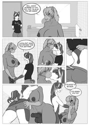 anise anthro areola balls bathroom big_breasts breasts clothing comic dialogue duo english_text equine femboy freckles_(artist) furry futanari horse horsecock intersex kissing male male_on_futa monochrome nipples pants penis sheath shirt speech_bubble text underwear rating:Explicit score:41 user:bot