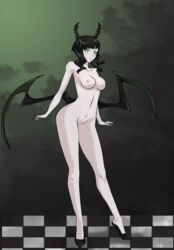  black_hair black_rock_shooter blush dead_master female green_eyes horns kozuki-kallen naked navel nude pussy short_hair solo standing wings  rating:explicit score: user:shaded_cube