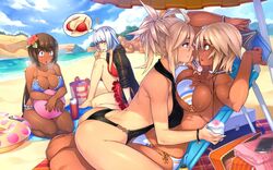 4girls abs ass ball beach beach_ball bikini blonde_hair blood blue_eyes blue_hair blush bracelet breast_envy breast_press breasts brown-haired_girl_(sela_god) brown_hair choker cleavage digital_media_player earbuds erect_nipples female female_only flat-chested_girl_(sela_god) flower green_eyes hair_flower hair_ornament hibiscus highres huge_breasts jewelry large_breasts long_hair muscular_female nosebleed open_mouth original ponytail red_eyes sela_(sela_god) sela_god shaved_ice short_hair side-tie_bikini sitting swimsuit tan_skin tied_hair ursula_(sela_god) yuri rating:Questionable score:309 user:gmekrus