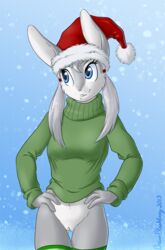 2013 4_fingers anthro blue_background blue_eyes bottomless brian_mcpherson christmas closed_mouth clothes cynthia_(brian_mcpherson) female female_only front_view fur furry furry_ears grey_fur grey_hair hair hands_on_hips hat holidays lagomorph long_ears looking_aside open_eyes plain_background pussy rabbit santa_hat smile snow solo standing sweater tied_hair twintails white_fur rating:Explicit score:36 user:bot