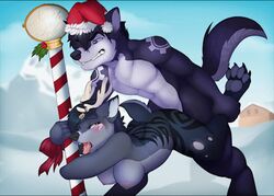 animated anthro blush breasts canine christmas female fox from_behind fur furry hanging_breasts hat holidays jasonafex kabier leg_grab male nipples north_pole nude paws santa_hat sex snow standing straight tongue tongue_out winter wolf rating:Explicit score:112 user:bot