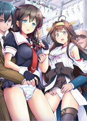 2girls ahoge black_hair blue_eyes braid breast_grab brown_hair chikan detached_sleeves double_bun fingering forced_exposure groping hair_ornament hairband headgear japanese_clothes kantai_collection kashi kongou_(kantai_collection) long_hair molestation multiple_girls nontraditional_miko open_mouth panties personification school_uniform serafuku shigure_(kantai_collection) striped striped_panties tears train train_interior underwear white_panties rating:Explicit score:30 user:bot