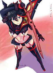  1girls black_hair blue_eyes blush breasts closed_mouth female gloves holding_weapon kill_la_kill lingerie living_clothes looking_at_viewer matoi_ryuuko multicolored_hair navel neka-chi no_bra panties red_hair scissor_blade senketsu short_hair skirt solo suspenders sword two_tone_hair underboob underwear weapon  rating:safe score: user:sayu