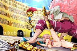 1boy 1girls arena audience blonde_hair clothed_male_nude_female colosseum defeated donquixote_doflamingo female femsub gold_heels helmet helmet_removed humiliation male maledom one_piece onlookers penis pink_hair pointless_censoring public pussy rape rebecca_(one_piece) sex sword takebuchi rating:Explicit score:60 user:Kisumi