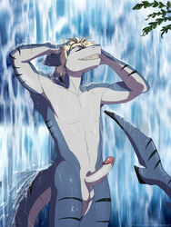 anthro bathing black_skin blonde_hair blue_skin closed_eyes color daryusmackos day erection fish grey_skin hair humanoid_penis lunalei male male_only marine nude outdoors penis pointy_ears shark short_hair smile solo standing stripes tail testicles water waterfall wet rating:Explicit score:10 user:bot