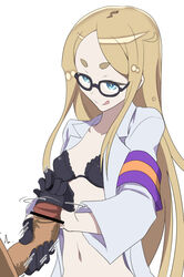 armband asahikawa bar_censor black_gloves blonde_hair blue_eyes bra censored clothing female glasses glovejob gloves half_gloves handjob labcoat licking_lips long_hair long_sleeves natasha_(sekai_seifuku) navel penis sekai_seifuku:_bouryaku_no_zvezda solo_focus tongue underwear very_long_hair white_background rating:Explicit score:47 user:bot