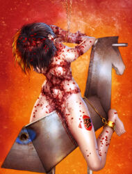 1girls amputation arms_behind_back barefoot beige_skin black_hair bleeding blood_stain blood_trail bondage bone bound bound_wrists breasts broken_fingers chain chinese_new_year color female female_only fire firecrackers front_view gore guro hair highres human injury laceration nude original red_blood ribbon s_zenith_lee short_hair solo solo_female straddle tattoo torture wooden_horse wound rating:Explicit score:79 user:bot