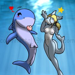 2009 anthro anus blonde_hair blue_body blush breasts closed_eyes female feral fin fish gills hair hairband heart long_hair marine navel nipples pussy raised_arm shark slushy star swimming tongue tongue_out underwater water white_body rating:Explicit score:5 user:bot