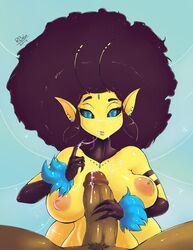 1boy 1girls afro antennae bee_girl big_hair black_hair black_sclera blue_eyes borrowed_character breasts cum cum_on_body cum_on_breasts cum_on_upper_body cum_string earrings elbow_gloves facial female forehead_jewel gloves handjob insect_girl inverted_nipples jewelry large_breasts monster_girl multicolored_eyes nipples no_humans nude original penis pointy_ears pov queen_bee_(kimmi) randomboobguy solo_focus yellow_skin rating:Explicit score:64 user:bot