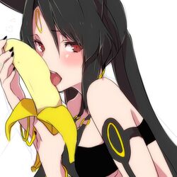 banana black_hair blush facial_mark female food forehead_mark fruit heart humanized licking long_hair nail_polish personification pokemon red_eyes rough sexually_suggestive solo takeshima_(nia) tongue umbreon rating:Questionable score:68 user:Miss_Vulf