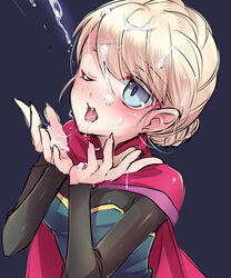 1girls blonde_hair blue_eyes blush cape cum cum_on_hair cumdrip disney elsa_(frozen) facial female female_only frozen_(film) highres human kokuchuutei one_eye_closed open_mouth princess royal_slut royalty short_hair solo rating:Explicit score:144 user:bot