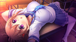 1girls arms_up blue_scarf blush bondage bound bound_to_desk desk female frilled_skirt imminent_rape large_breasts looking_at_viewer lying_on_desk m_de_pink miniskirt missionary_position on_back on_desk open_mouth purple_eyes restrained saxasa_kisuk scarf school_uniform schoolgirl shinano_kurumi socks solo source_request thigh_socks thighhighs tsukue_otome. uniform uwabaki white_socks zip_tie rating:Explicit score:30 user:bot