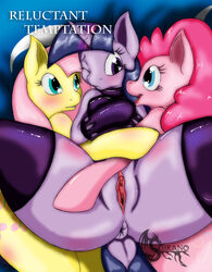 2014 3girls anthro anthrofied blue_eyes blush comic_cover english_text equine eye_contact female fluttershy_(mlp) friendship_is_magic fur gloves group hair horn mammal multiple_girls my_little_pony one_eye_closed open_mouth pink_fur pink_hair pinkie_pie_(mlp) purple_eyes purple_fur purple_hair pussy rubber spread_legs spreading straight_hair suirano temptation_(suirano) text thigh_highs twilight_sparkle_(mlp) yellow_fur yuri rating:Explicit score:6 user:bot