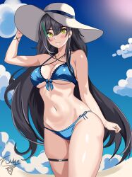  absurdres bare_arms bare_shoulders black_hair blush female fumecchista green_eyes hand_up hat highres lin_(summer_shade)_(tower_of_fantasy) lin_(tower_of_fantasy) long_hair looking_at_viewer smile solo solo_focus swimsuit tower_of_fantasy  rating:safe score: user:bot